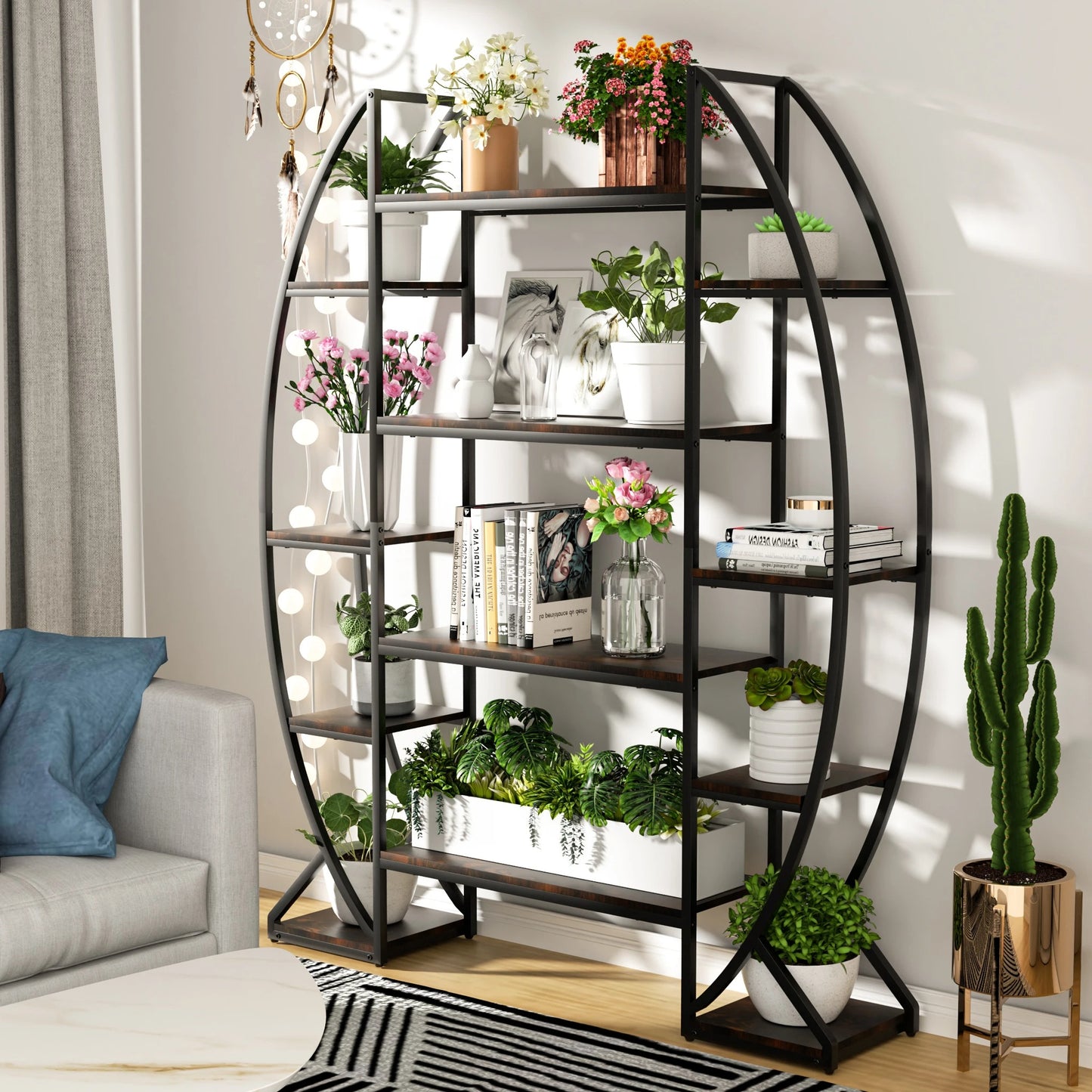 5-Tier Half-Moon Bookshelf & Plant Stand – Industrial-Style Curved Oval Rack for Home and Garden