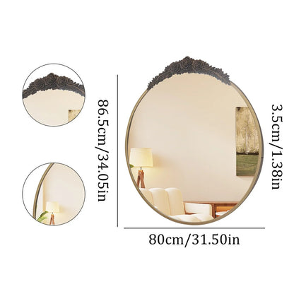 Baroque Round Wall Mirror – Brass Finish Metal Frame with Resin Rose Pattern for Living Room & Bathroom Décor