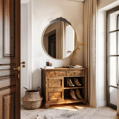 Baroque Round Wall Mirror – Brass Finish Metal Frame with Resin Rose Pattern for Living Room & Bathroom Décor
