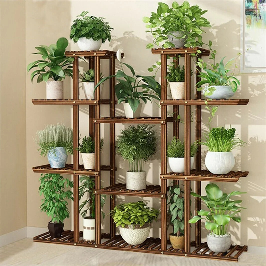 11-Tier Carbonized Wood Plant Stand – Extra-Wide Pot Display for Indoor & Outdoor Spaces