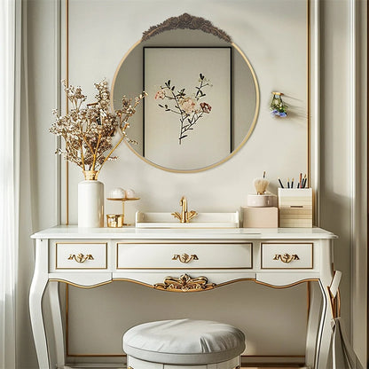 Baroque Round Wall Mirror – Brass Finish Metal Frame with Resin Rose Pattern for Living Room & Bathroom Décor