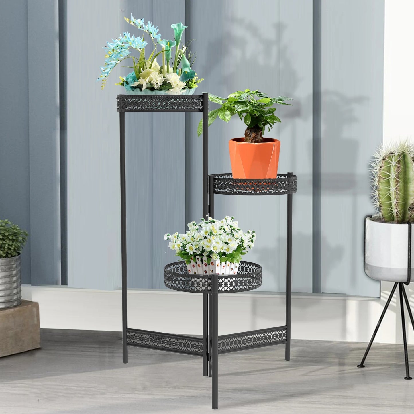 3/4-Tier Foldable Metal Ladder Plant Stand – Indoor/Outdoor Flower Display Shelf for Home, Garden, and Patio