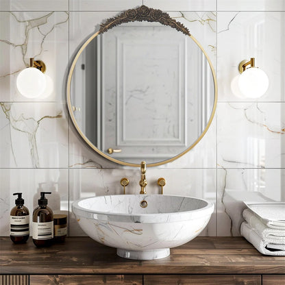Baroque Round Wall Mirror – Brass Finish Metal Frame with Resin Rose Pattern for Living Room & Bathroom Décor