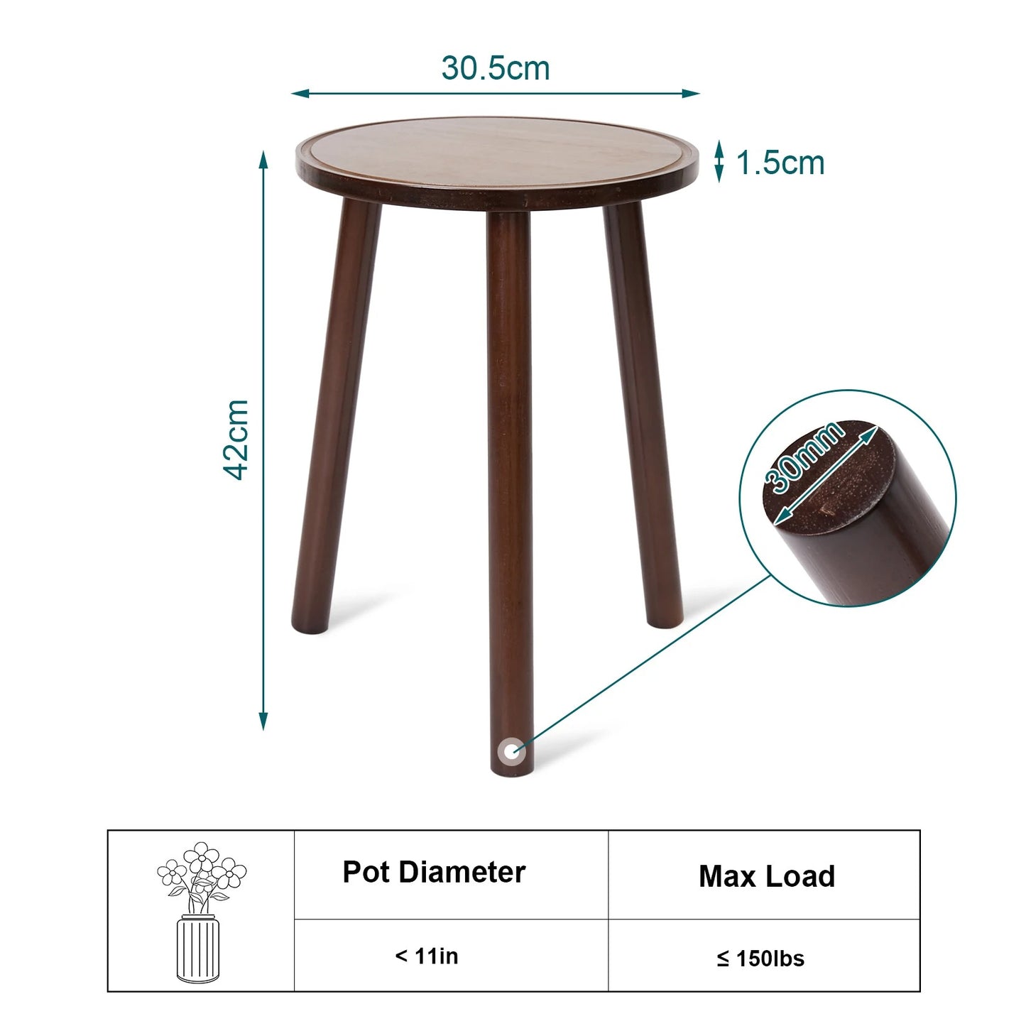 Set of 2 Small Round Wooden End Side Tables – 3-Leg Plant Stands & Flower Pot Holders