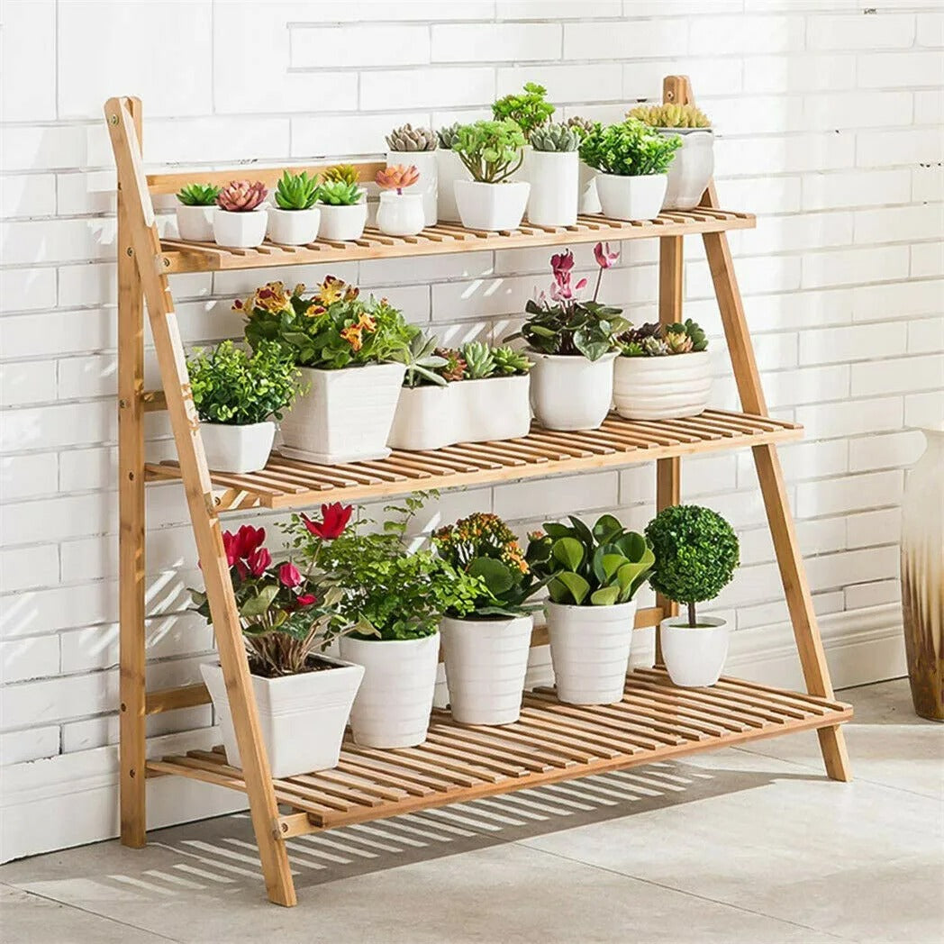 3-Tier Bamboo Ladder Shelf – A Stylish Flower & Plant Rack for Indoor/Outdoor Use