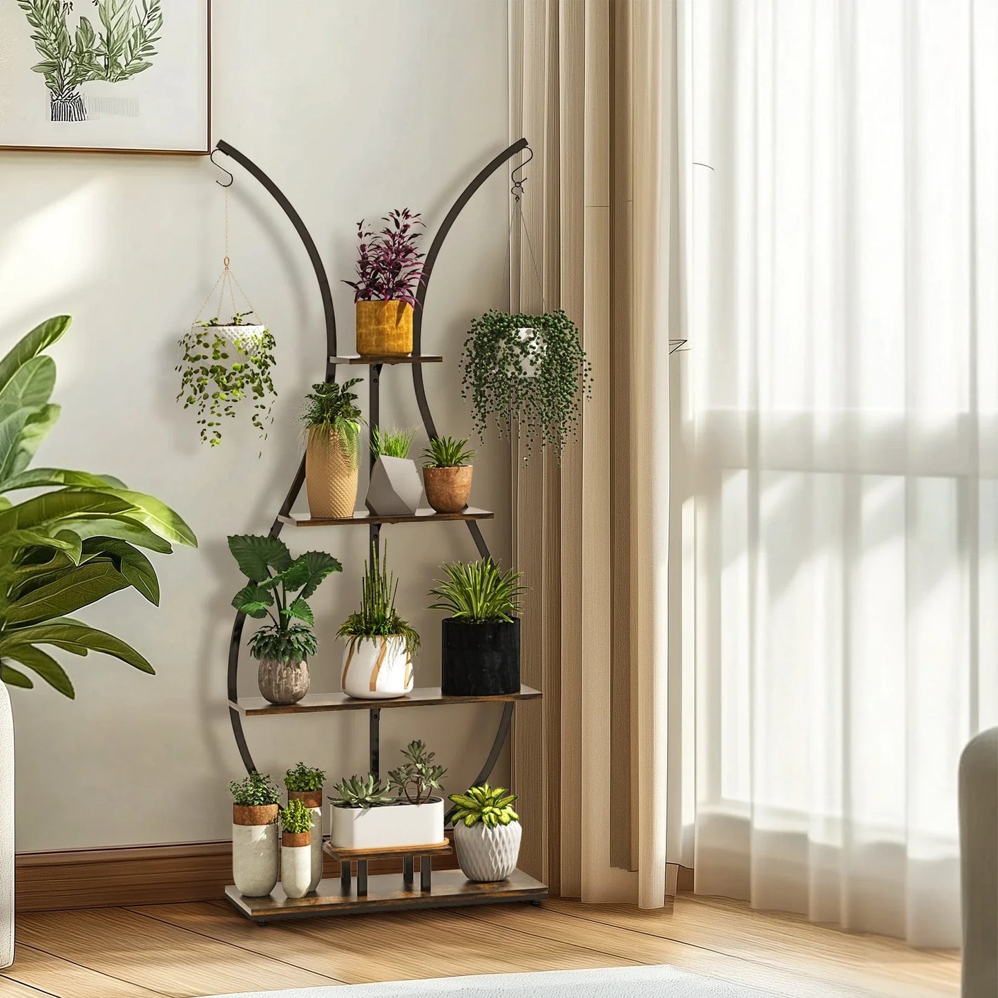 5-Tier Vase-Shaped Metal Plant Stand – Tall Garden Display Rack with Hangers