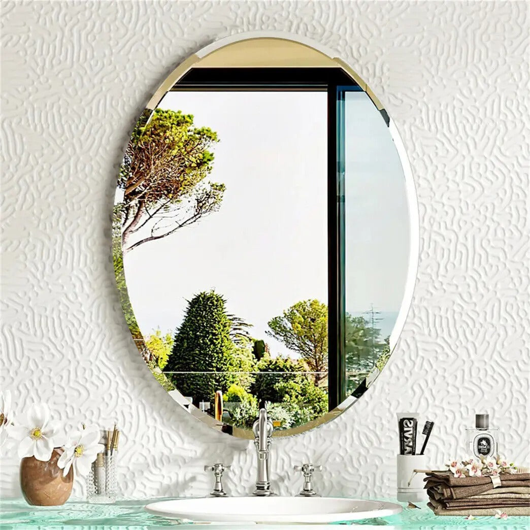 Oval Frameless Bathroom Mirror – High-Definition Vanity Mirror with Beveled Edge for Entryway & Living Room