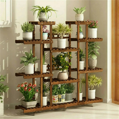 11-Tier Carbonized Wood Plant Stand – Extra-Wide Pot Display for Indoor & Outdoor Spaces