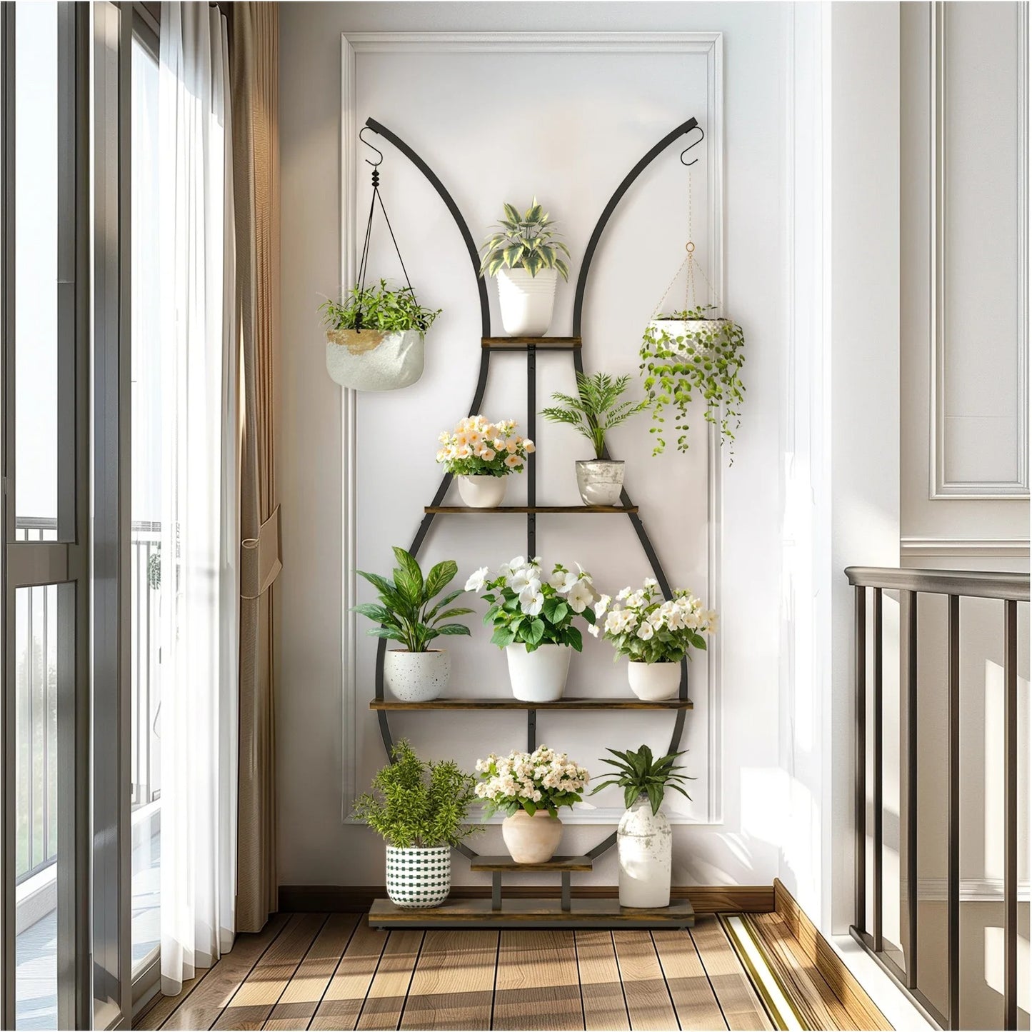 5-Tier Vase-Shaped Metal Plant Stand – Tall Garden Display Rack with Hangers