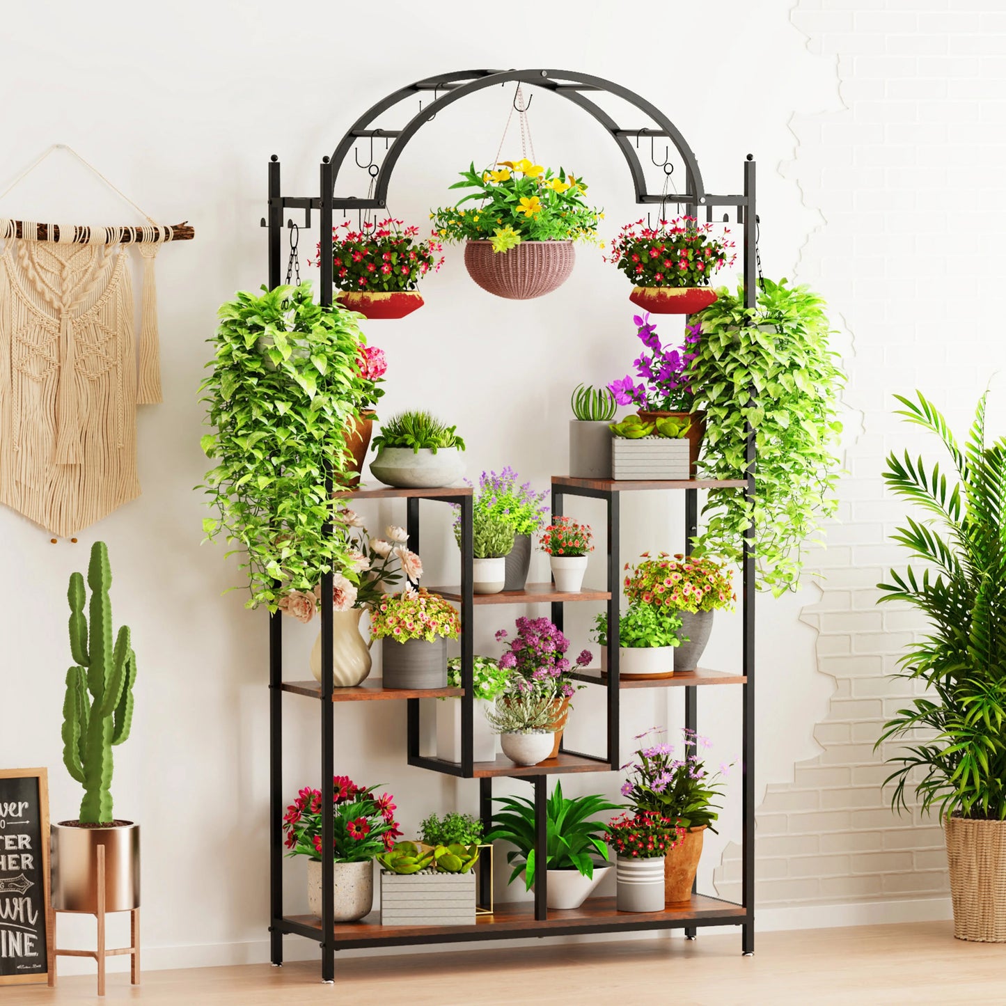 5-Tier Arched Metal & Wood Plant Stand – Tall, Vintage-Style Flower Shelf with Hanging Hooks