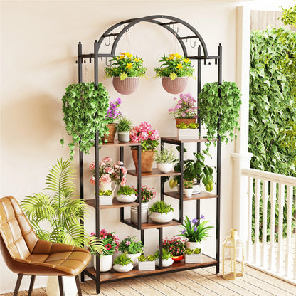 5-Tier Arched Metal & Wood Plant Stand – Tall, Vintage-Style Flower Shelf with Hanging Hooks