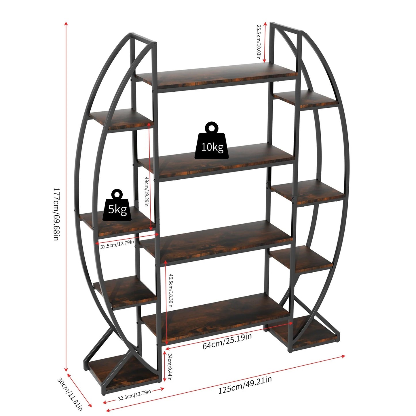 5-Tier Half-Moon Bookshelf & Plant Stand – Industrial-Style Curved Oval Rack for Home and Garden