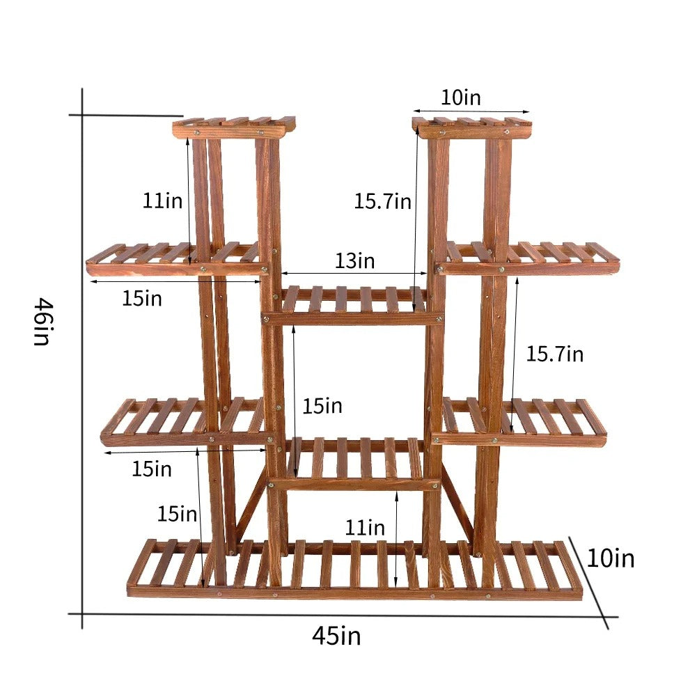 11-Tier Carbonized Wood Plant Stand – Extra-Wide Pot Display for Indoor & Outdoor Spaces