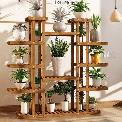 11-Tier Carbonized Wood Plant Stand – Extra-Wide Pot Display for Indoor & Outdoor Spaces