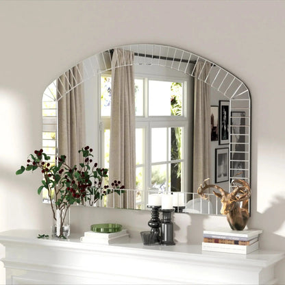 Extra Large Arched Wall Mirror – Silver Glass Venetian Accent Mirror with Bling Beveled Edge for Living Room Decor