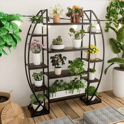 5-Tier Half-Moon Bookshelf & Plant Stand – Industrial-Style Curved Oval Rack for Home and Garden