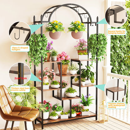 5-Tier Arched Metal & Wood Plant Stand – Tall, Vintage-Style Flower Shelf with Hanging Hooks