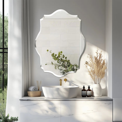 Scalloped Frameless Wall Mirror – Polished Silver Beveled Edge Mirror for Bathroom, Bedroom, Vanity & Living Room