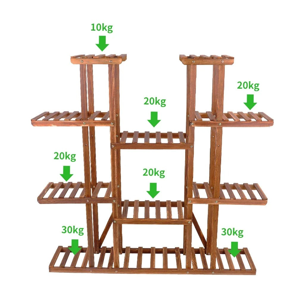 11-Tier Carbonized Wood Plant Stand – Extra-Wide Pot Display for Indoor & Outdoor Spaces