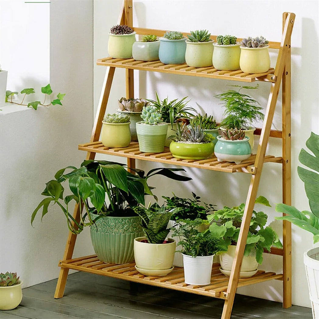 3-Tier Bamboo Ladder Shelf – A Stylish Flower & Plant Rack for Indoor/Outdoor Use