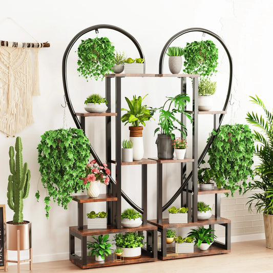 6-Tier Half-Heart Metal Ladder Plant Stand – Decorative Black & Brown Shelf Rack for Multiple Indoor Plants