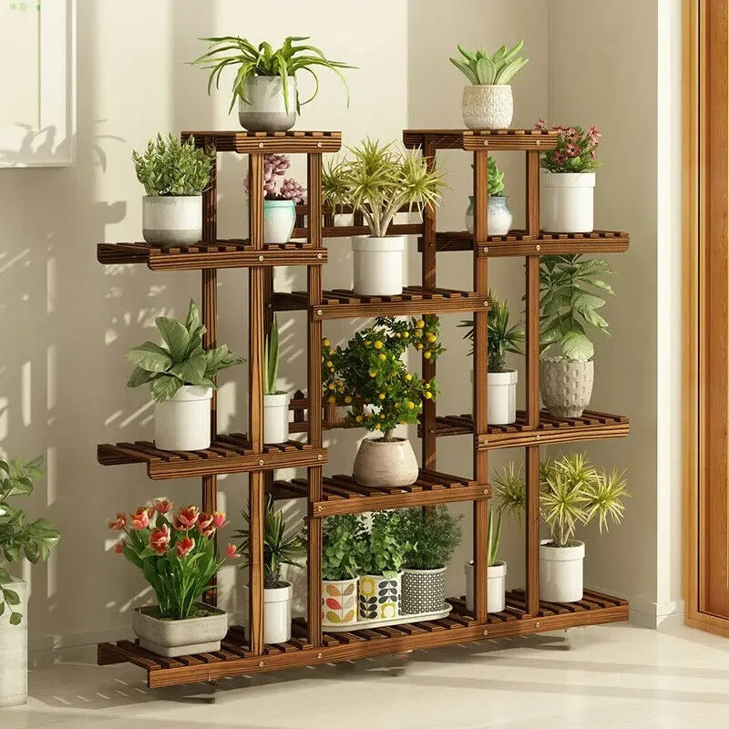 11-Tier Carbonized Wood Plant Stand – Extra-Wide Pot Display for Indoor & Outdoor Spaces