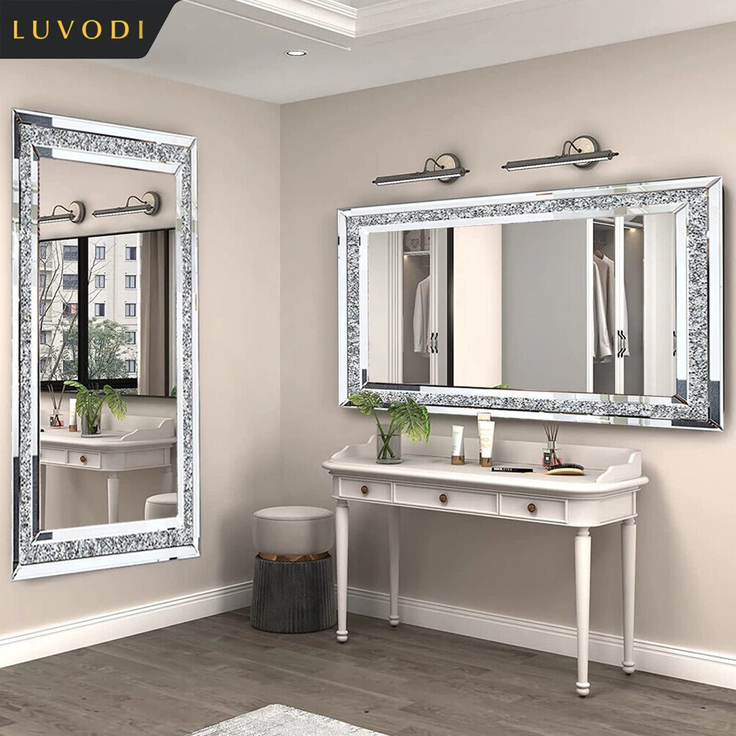 Luxury Silver Crystal Vanity Mirror – Large Frameless Wall Dressing Mirror with Rhinestone Detailing