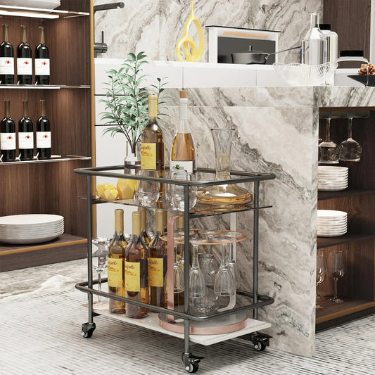 Rolling Bar Cart 2-Tier Luxury Modern Serving Cart on Lockable Wheels