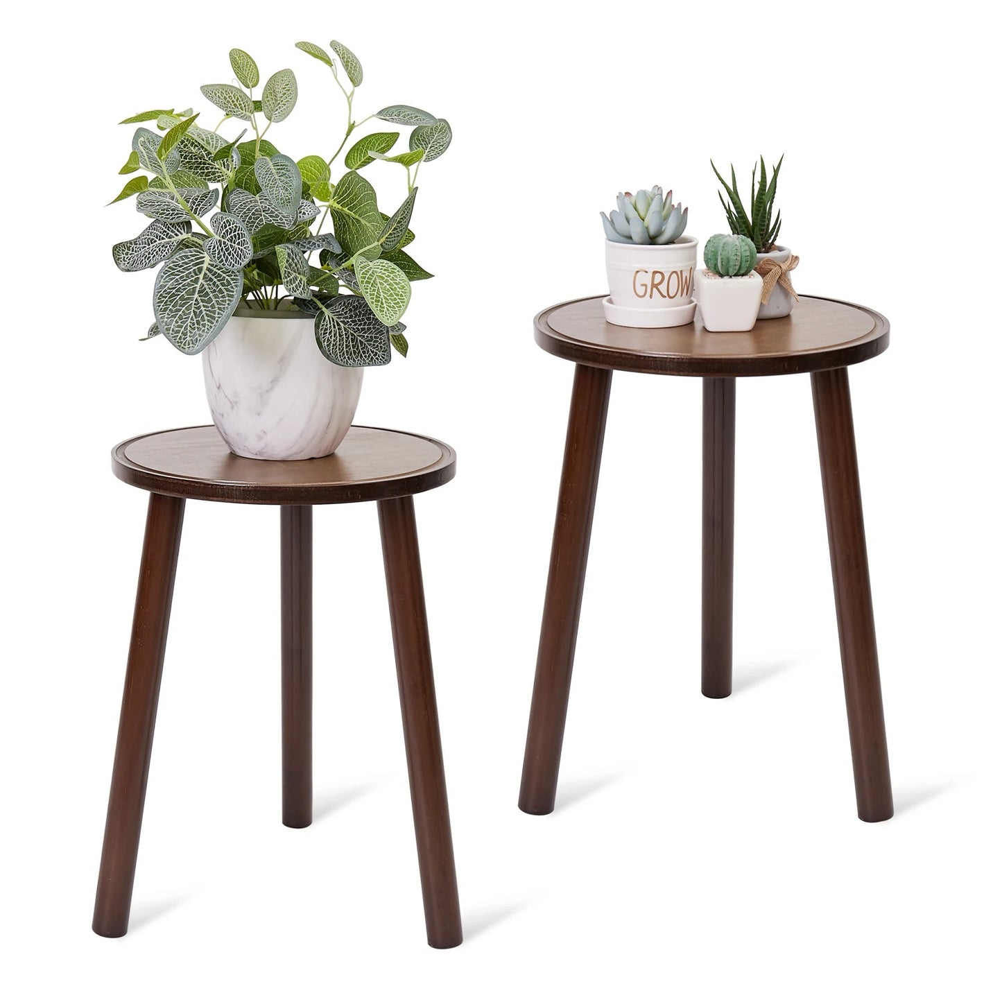 Set of 2 Small Round Wooden End Side Tables – 3-Leg Plant Stands & Flower Pot Holders