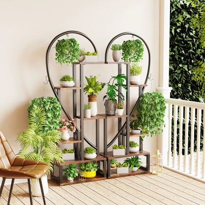 6-Tier Half-Heart Metal Ladder Plant Stand – Decorative Black & Brown Shelf Rack for Multiple Indoor Plants