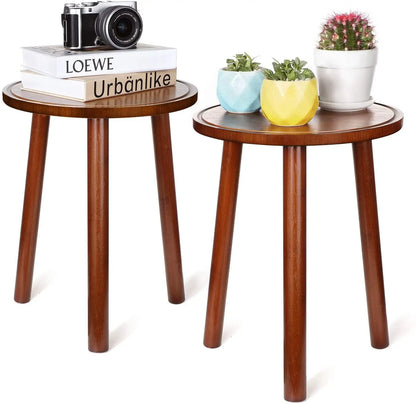 Set of 2 Small Round Wooden End Side Tables – 3-Leg Plant Stands & Flower Pot Holders