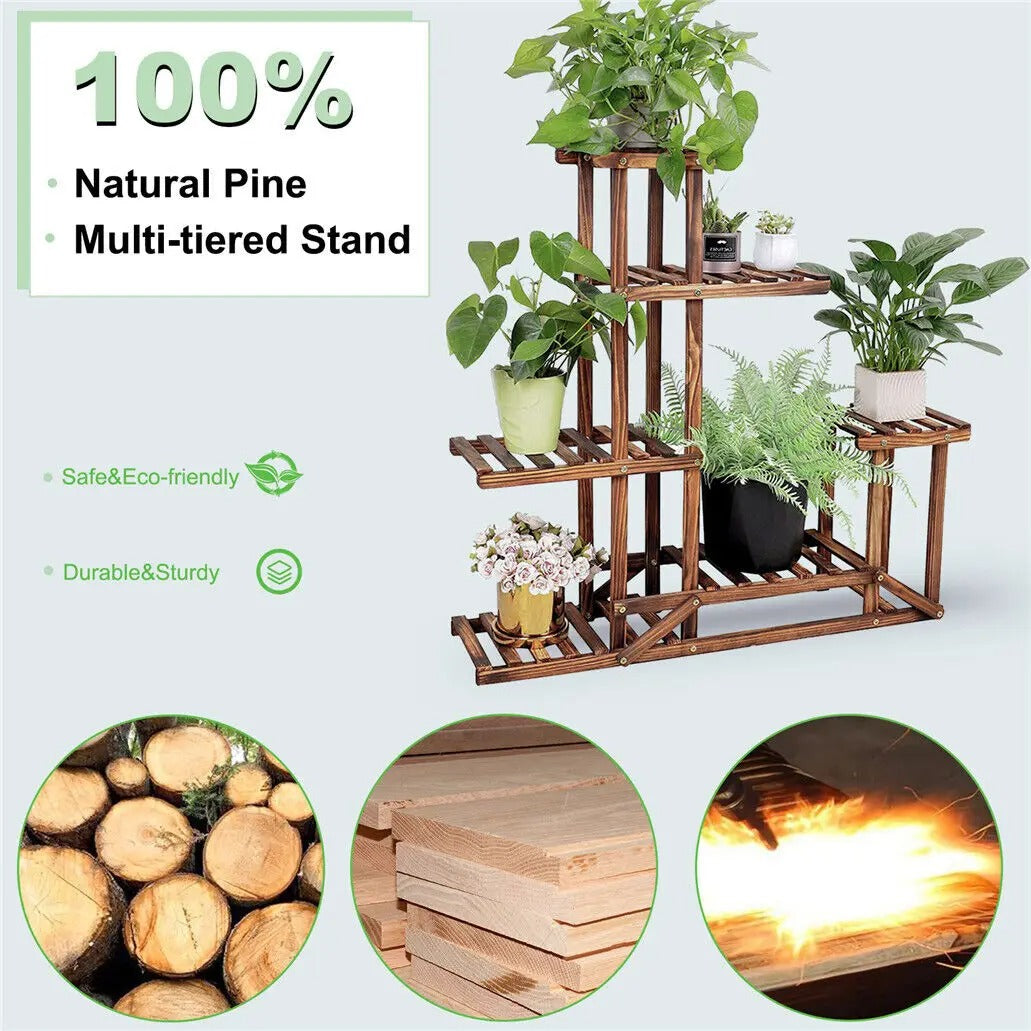 Multi-Tier Pine Wood Plant Stand – Indoor/Outdoor Flower Display Rack for Living Rooms, Balconies, Patios, and Gardens