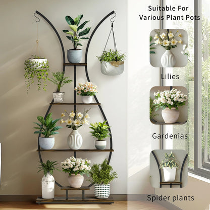 5-Tier Vase-Shaped Metal Plant Stand – Tall Garden Display Rack with Hangers