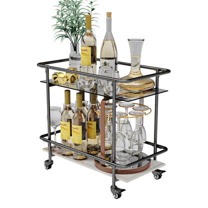 Rolling Bar Cart 2-Tier Luxury Modern Serving Cart on Lockable Wheels