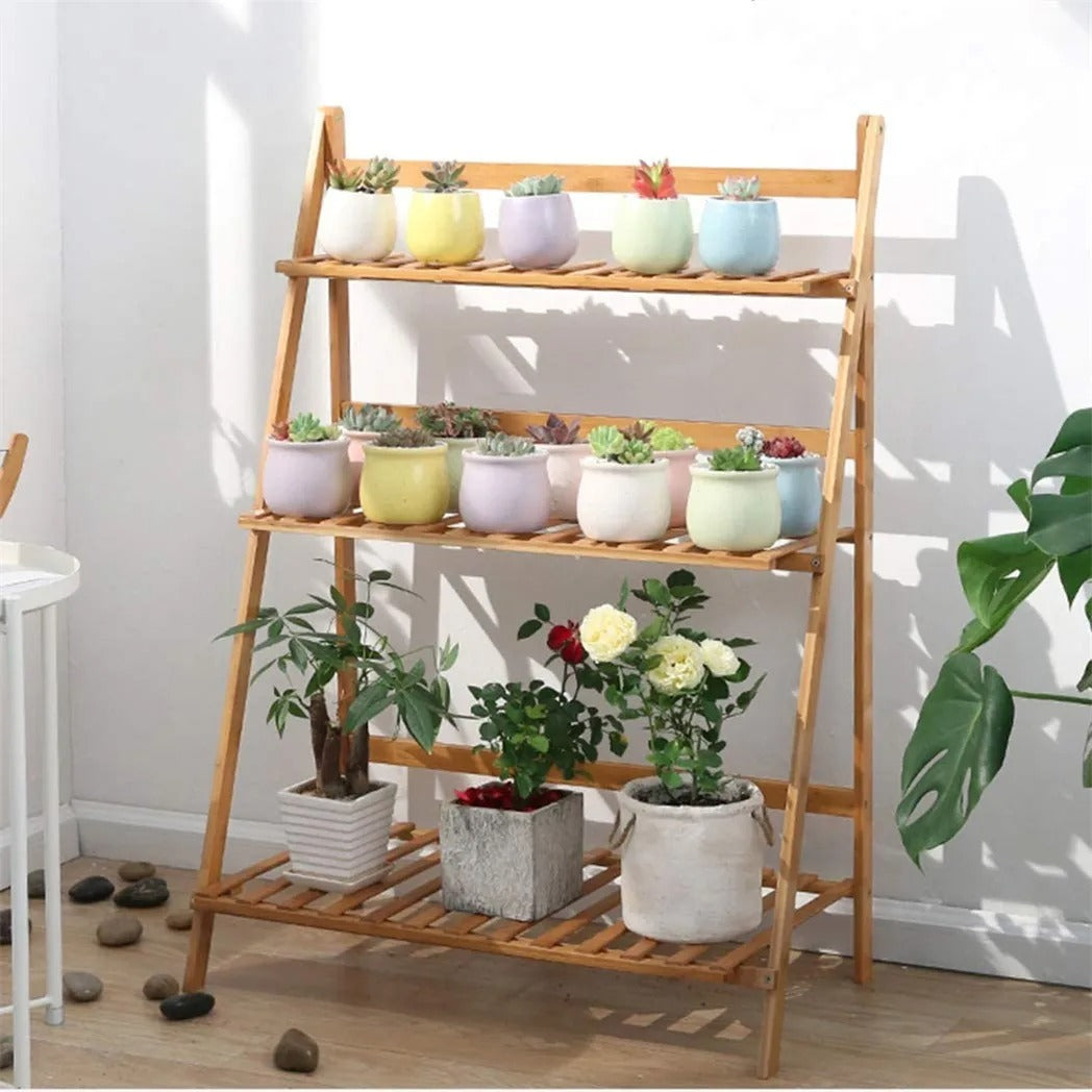 3-Tier Bamboo Ladder Shelf – A Stylish Flower & Plant Rack for Indoor/Outdoor Use