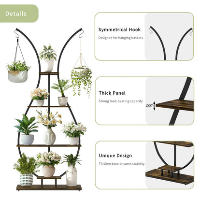 5-Tier Vase-Shaped Metal Plant Stand – Tall Garden Display Rack with Hangers