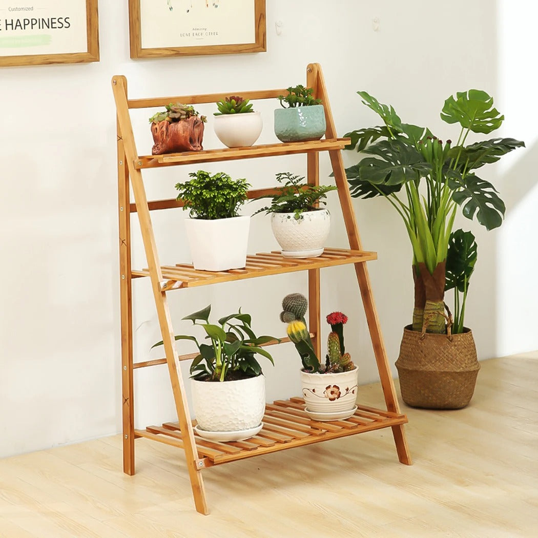 3-Tier Bamboo Ladder Shelf – A Stylish Flower & Plant Rack for Indoor/Outdoor Use