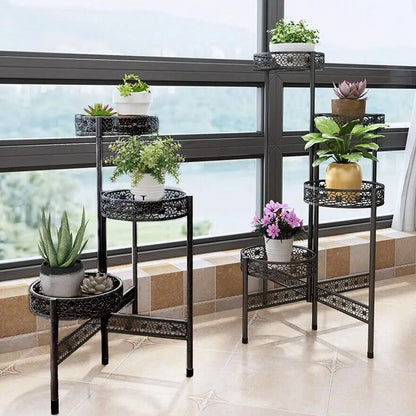 3/4-Tier Foldable Metal Ladder Plant Stand – Indoor/Outdoor Flower Display Shelf for Home, Garden, and Patio