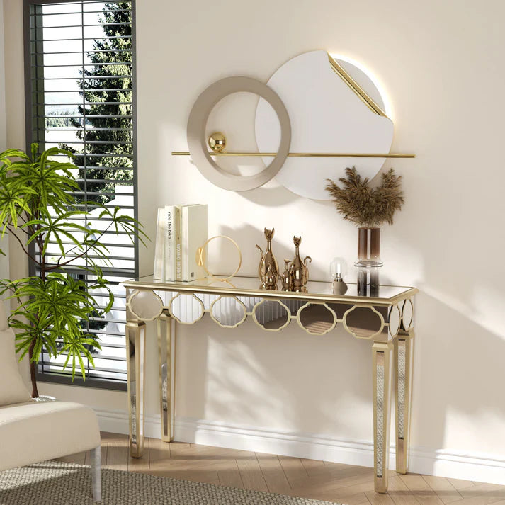 Rectangular Silver Mirrored Entryway Console Table with Gold Rim