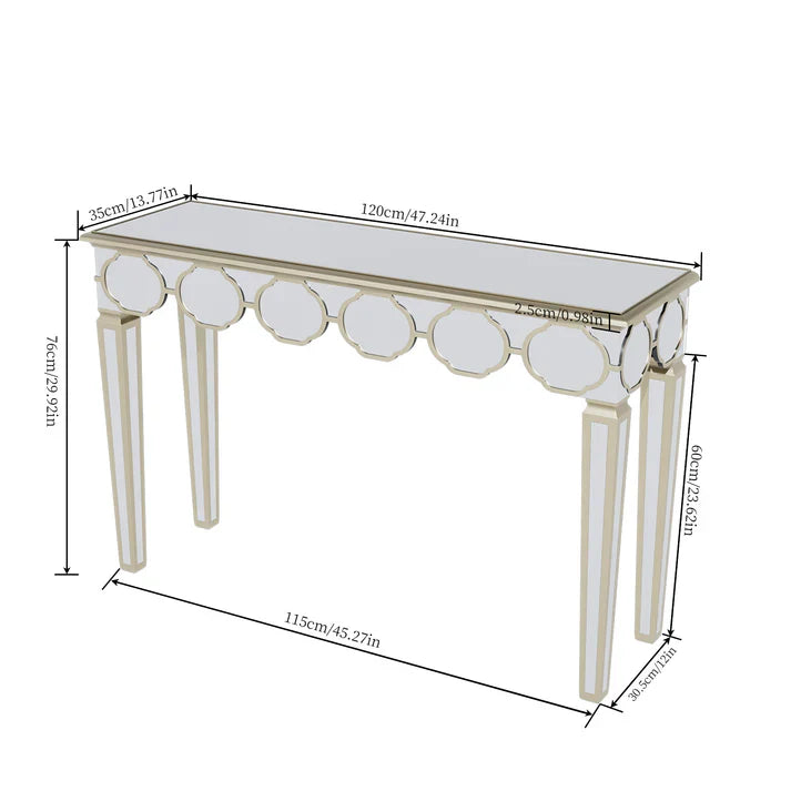 Rectangular Silver Mirrored Entryway Console Table with Gold Rim