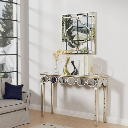 Rectangular Silver Mirrored Entryway Console Table with Gold Rim