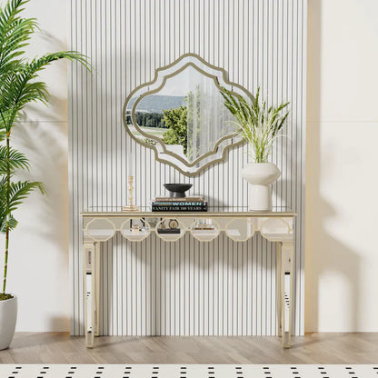 Rectangular Silver Mirrored Entryway Console Table with Gold Rim