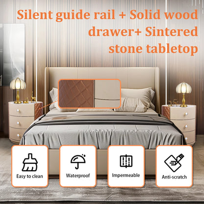 Round Nightstand with 3 Drawers PVC Leather Surface Modern Style Table Storage Cabinet for Living Room Bedroom