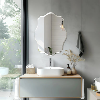 Scalloped Frameless Wall Mirror – Polished Silver Beveled Edge Mirror for Bathroom, Bedroom, Vanity & Living Room