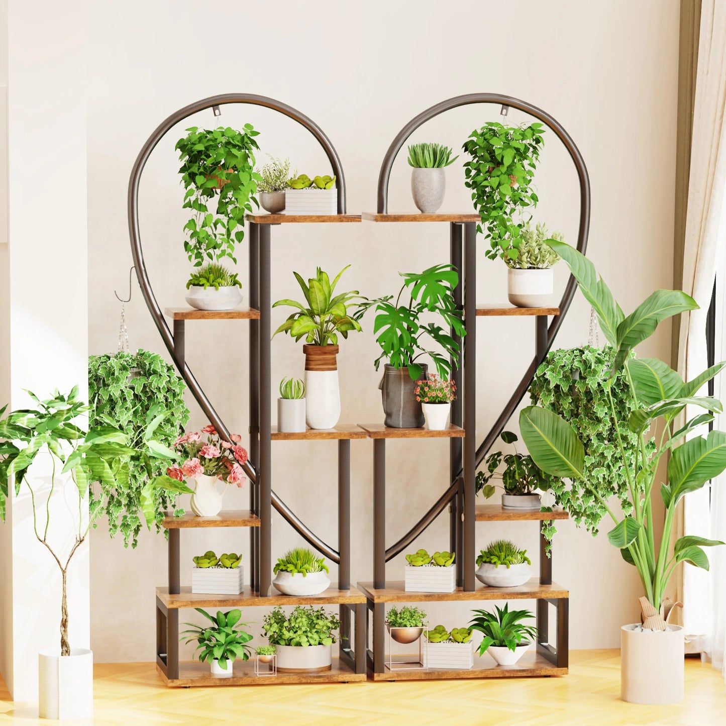 6-Tier Half-Heart Metal Ladder Plant Stand – Decorative Black & Brown Shelf Rack for Multiple Indoor Plants