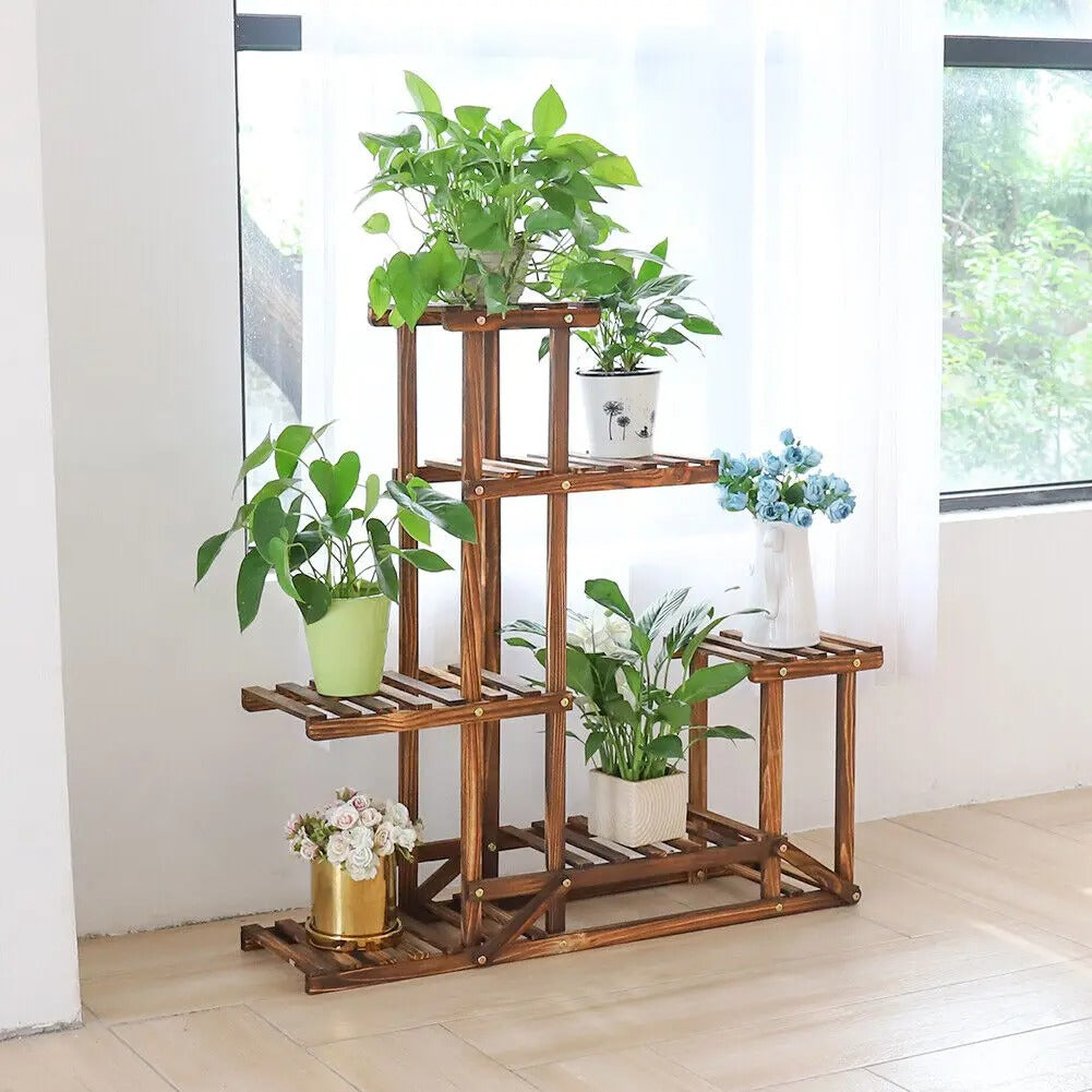 Multi-Tier Pine Wood Plant Stand – Indoor/Outdoor Flower Display Rack for Living Rooms, Balconies, Patios, and Gardens