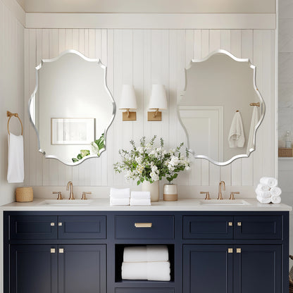 Scalloped Frameless Wall Mirror – Polished Silver Beveled Edge Mirror for Bathroom, Bedroom, Vanity & Living Room