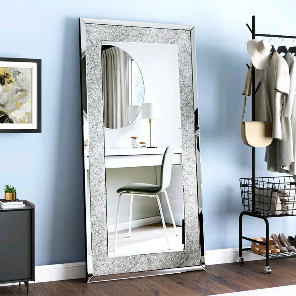 Luxury Silver Crystal Vanity Mirror – Large Frameless Wall Dressing Mirror with Rhinestone Detailing