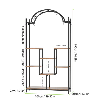 5-Tier Arched Metal & Wood Plant Stand – Tall, Vintage-Style Flower Shelf with Hanging Hooks