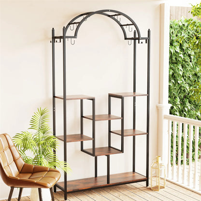 5-Tier Arched Metal & Wood Plant Stand – Tall, Vintage-Style Flower Shelf with Hanging Hooks